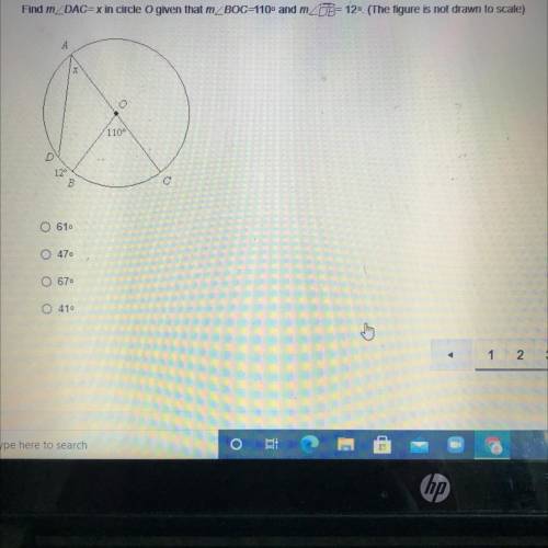 Find m_DAC=x in circle o given that BOC=110° and DB= 12°