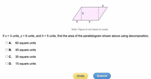 If x = 3 units, y = 6 units, and h = 5 units, find the area of the parallelogram shown above using