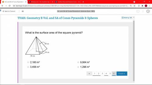 What is the surface area of the square pyramid?

2,160 m²
9,984 m²
3,456 m²
1,296 m²