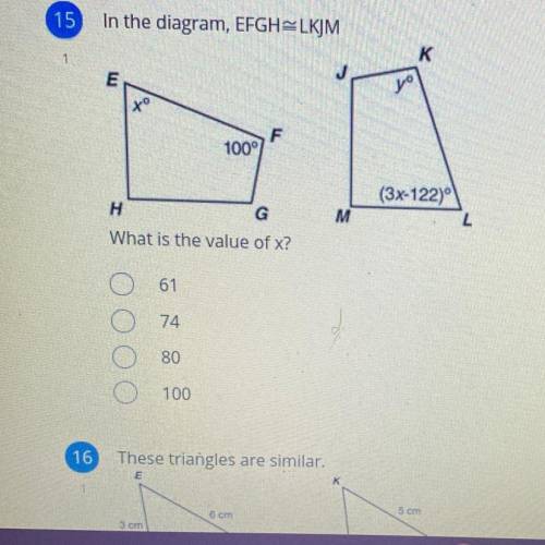 In the diagram, EFGH=LKJM
What is the value of x?