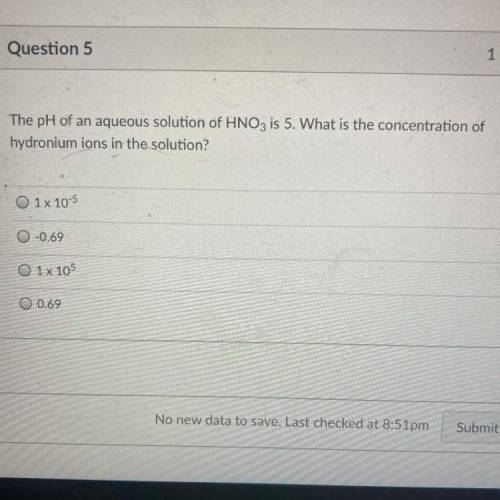 The pH of an aqueous solution of HNO3 is 5. What is the concentration of

hydronium ions in the so