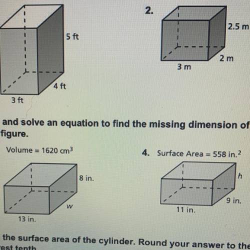 Write and solve an equation to find the missing dimension of each figure. number 3 and 4