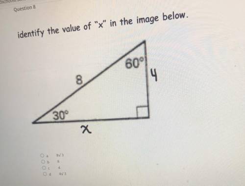 Identify the value of x in the image below.
8
60°
4
30°
x