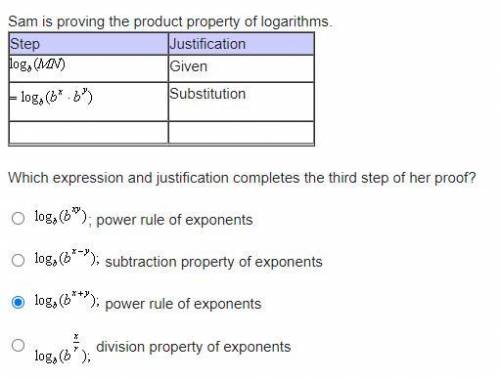 Sam is proving the product property of logarithms. (The problem is in the image)