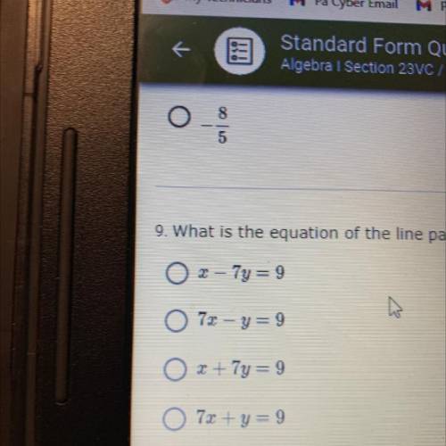 What is the equation of the line passing through the points (-5,2) and (9,0)
