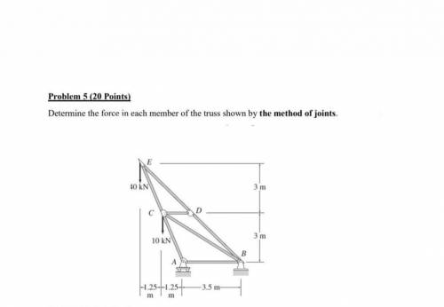 Problem 5.

Determine the one in each member of the truss shown by the method of joints,
0 KN
10 K