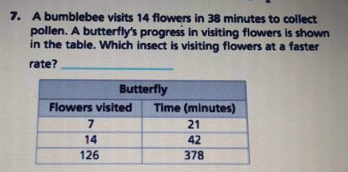 Please help me

A bumblebee visits 14 flowers in 38 minutes to collect pollen. A butterfly's progr