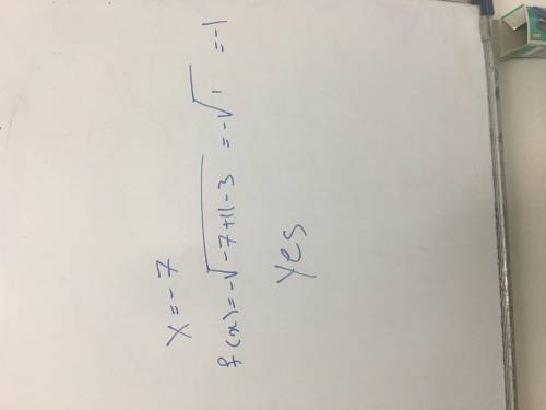 Does the input value x = -7 have a real
output in the function
f(x) = -√ x + 11 – 3?