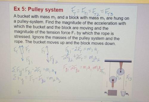 Double Pulley System:

Hi, I'm trying to make sense of my teacher's notes and the process of how s
