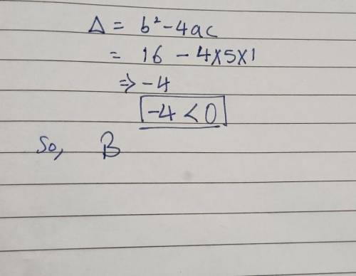 What is the value of the discriminant, b2-4ac, for the quadratic equation 0=x^2-4x+5, and what does