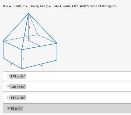 If w = 6 units, x = 3 units, and y = 5 units, what is the surface area of the figure?

178 units2