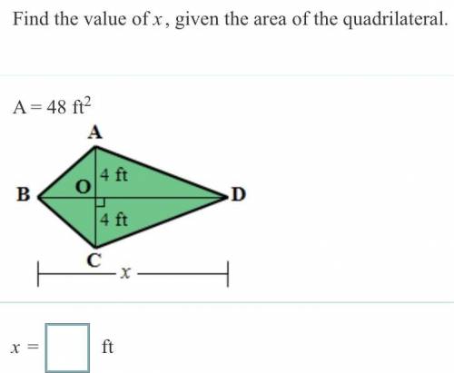 Find the value of X, given the area of the quadrilateral.