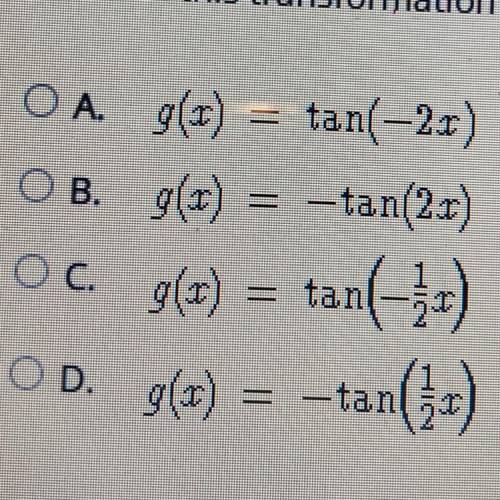 The parent tangent function is horizontally compressed by a factor of 1/2 and reflected over the x-