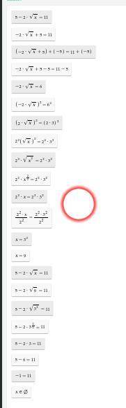 Solve the square root equation 
5-2√x=11