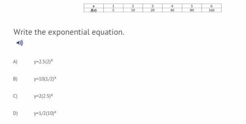 Write the exponential equation

A. y = 2.5(2)^x
B. y = 10(1/2)^x
C. y = 2(2.5) ^x
D. y = 1/2(10)^x