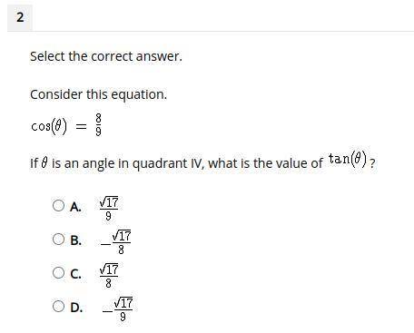Select the correct answer.

Consider this equation.
cos(Ф) = 
If Ф is an angle in quadrant IV, wha