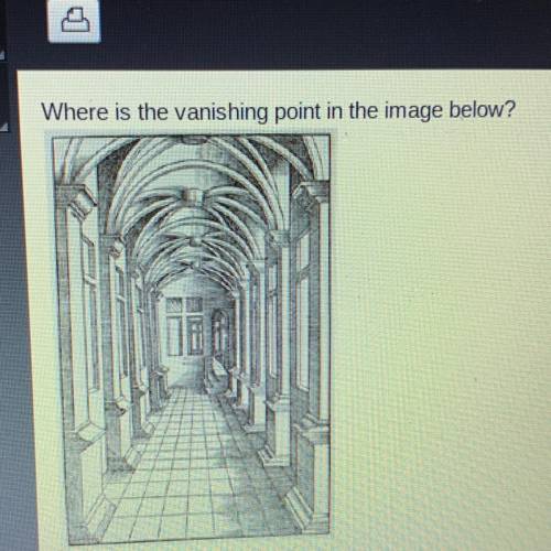 Where is the vanishing point in the image below?

a. under the arch 
b. right under the window pan