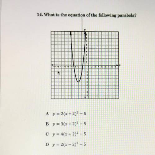 14. What is the equation of the following parabola?

5
.
A y = 2(x + 2)2 - 5
B y = 3(x + 2)2 - 5
C