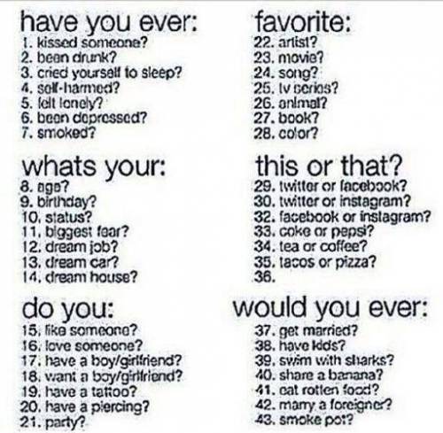 Okay Guess im doing this

1. Yes
2. NO
3. YES
4. Yes
5. Yes
6.Yes
7. No
8. 15
9. Rather not say
10