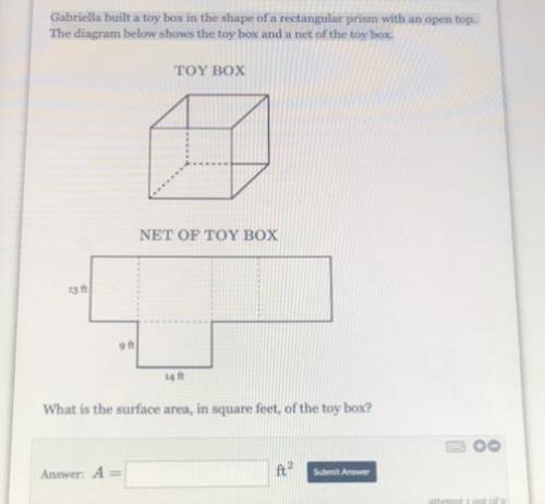 Gabriella built a toy box in the shape of a rectangular prism with an open top.

The diagram below