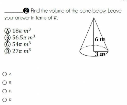 Find the volume of the cone below. Leave your answer in terms of pi.
