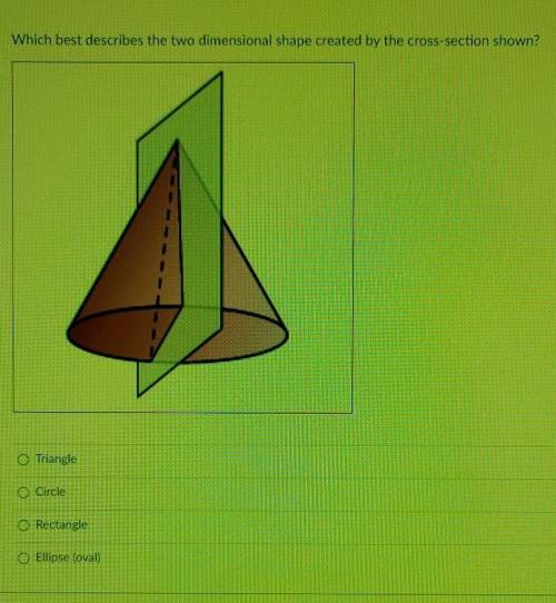 Which best describes the two dimensional shape created by the cross-section shown?

-Triangle -Cir