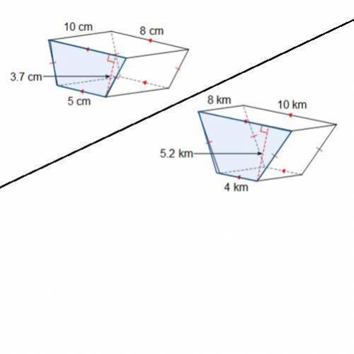 Find the volume of both prisms, work must be shown! 
thank you!