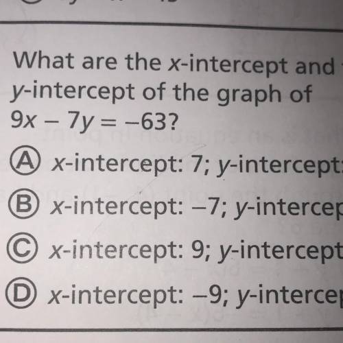 What are the X intercept and the Y intercept of the graph 9x-7y=-63￼￼