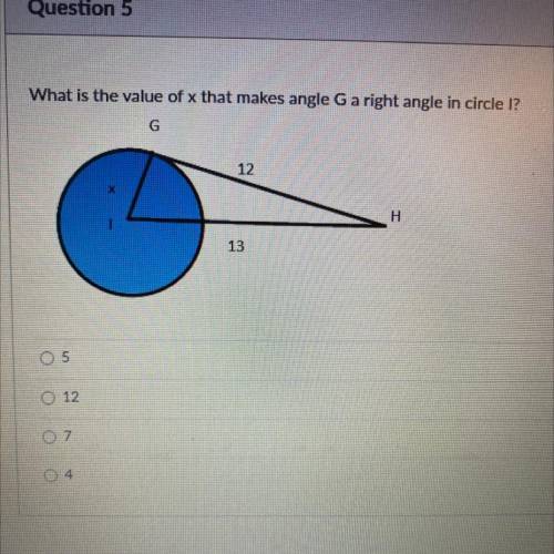 What is the value of x that makes angle G a right angle in circle I?