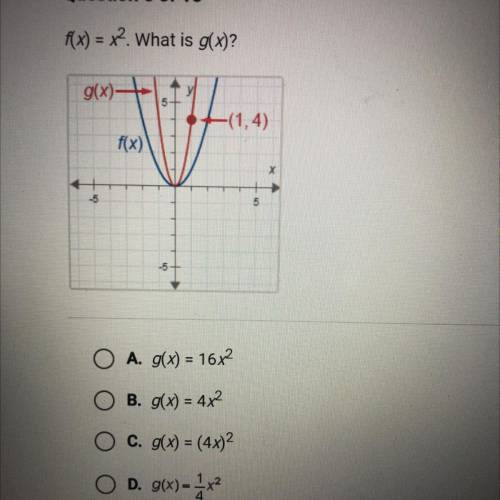 G(x);

5
-(1,4)
X
-5
5
-5
A. g(x) = 16x2
B. g(x) = 4x2
C. g(x) = (4x)
D. g(x) = 2x2