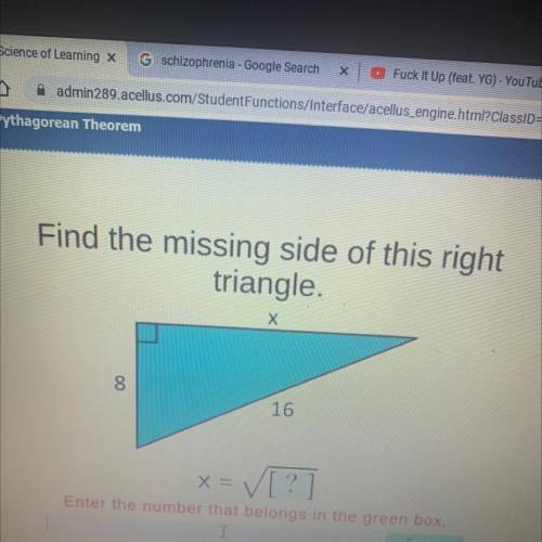 PLEASE HELP ASAP

Find the missing side of this right
triangle,
Х
8
16
x = [?]