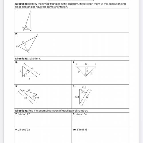 I need help identify the similar triangles in the diagram, then sketch them so the corresponding si