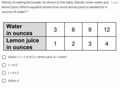 Wendy is making lemonade. As shown in the table, Wendy mixes water and lemon juice. Which equation
