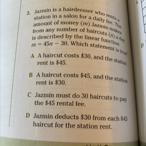 Jazmin is a hairdresser who rents a station in a salon for a daily fee. Amount of money (m) Jazmin