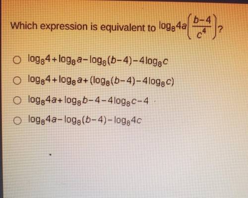 Which expression is equivalent to log8 4a[b-4/c^4)?

I need help, I put a photo on here cause the