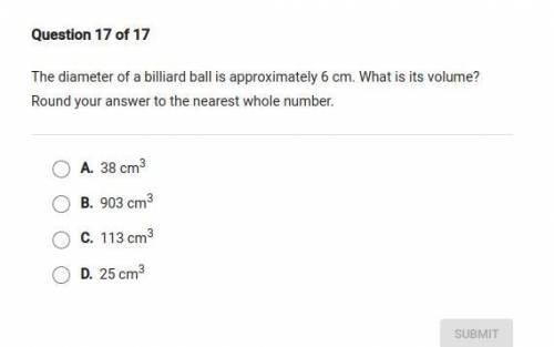 the diameter of a billard ball is approximately 6 cm. what is its volume? round your answer to the