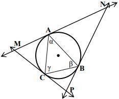Acute △ABC with angles α, β, and γ is inscribed in a circle. Tangents to the circle at points A, B,