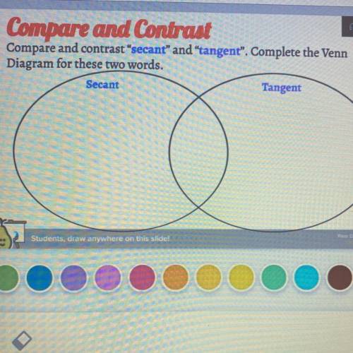 Helppp yalll

Compare and contrast “secant” and “tangent”. Complete the Venn Diagram for these two