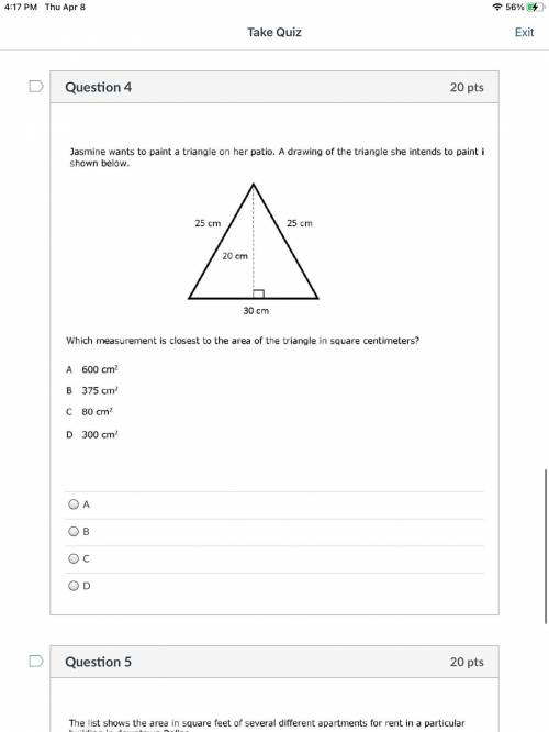 Wich measurement is the closest to the area of the triangle in square centimeters???? :(