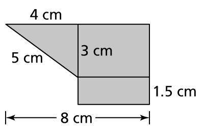 A figure consists of a right triangle and 2 rectangles. The right triangle has legs 3 and 4 centime