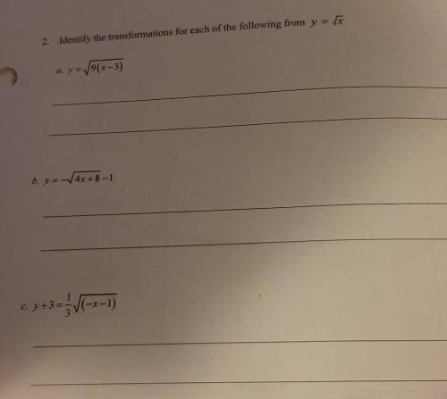 Math pre calc, transformation of radical functions

PLEASE HELP GOT TO HAND THIS IN SOON IM CONFUS