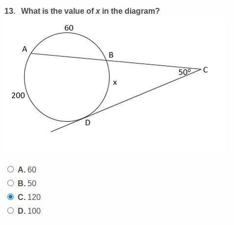 What's the value of x in the diagram 
A. 60 
B.50 
C.120 
D.100