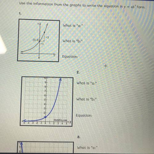 Use the information from the graphs to write the equation in y=ab*^x