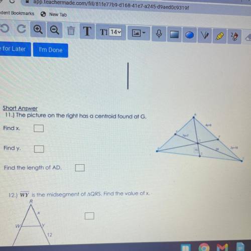 The picture on the right has a centroid found at G . Find x and y, also the length of AD.