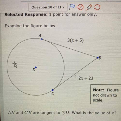 HELP 
AB and CB are tangent to OD. What is the value of x?