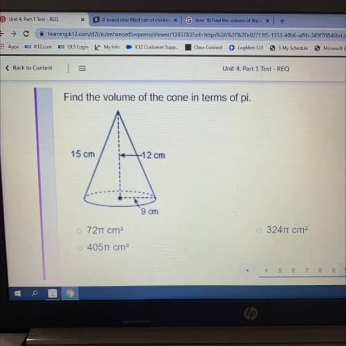 PLEASEEEE HELP!!! Find the volume of the cone in terms of pi.

15 cm
-12 cm
A
9 cm
o 72 cm3
3245 c