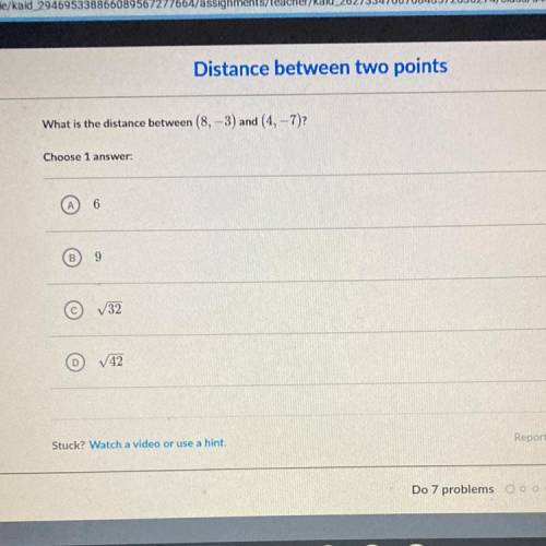 What is the distance between (8, -3) and (4, -7)?
Choose 1 answer