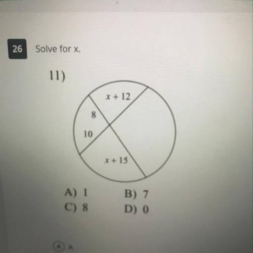 Solve for x.
B) 7
A) 1
C) 8
D) 0