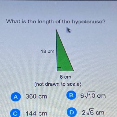 What is the length of the hypotenuse?

18 cm
6 cm
(not drawn to scale)
360 cm
B 6 10 cm
А
144 cm
D