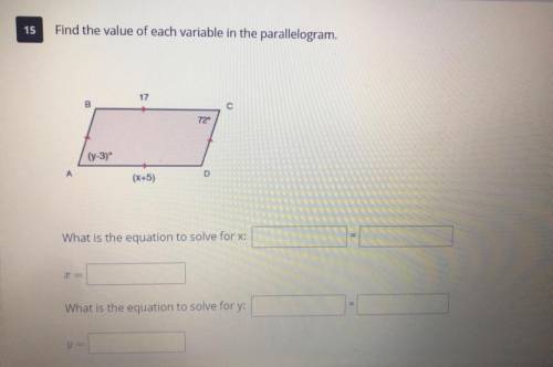 Find the value of each variable in the parallelogram.

What is the equation to solve for X: ______